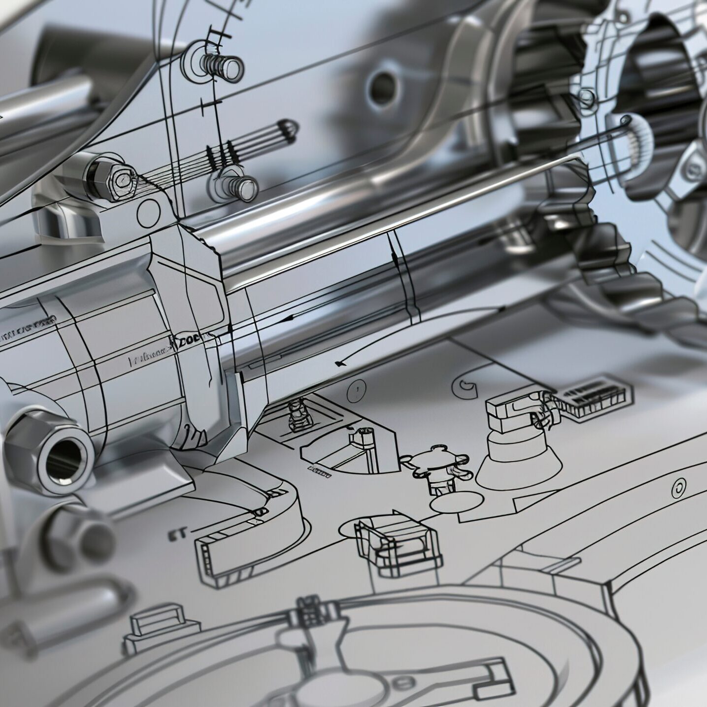 Close-up of a mechanical part design on CAD, precise details, clear and sharp display
