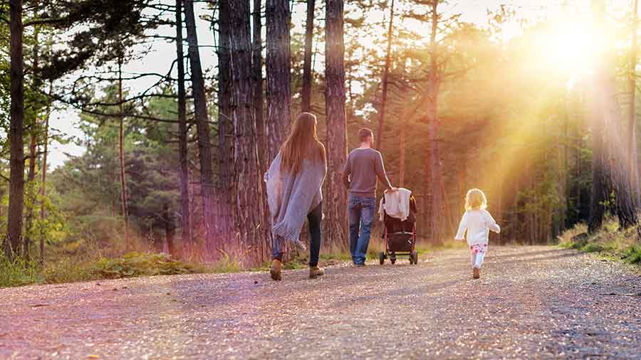 Happy young family walking in a park