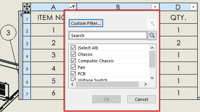 Drawing BOM filtering feature